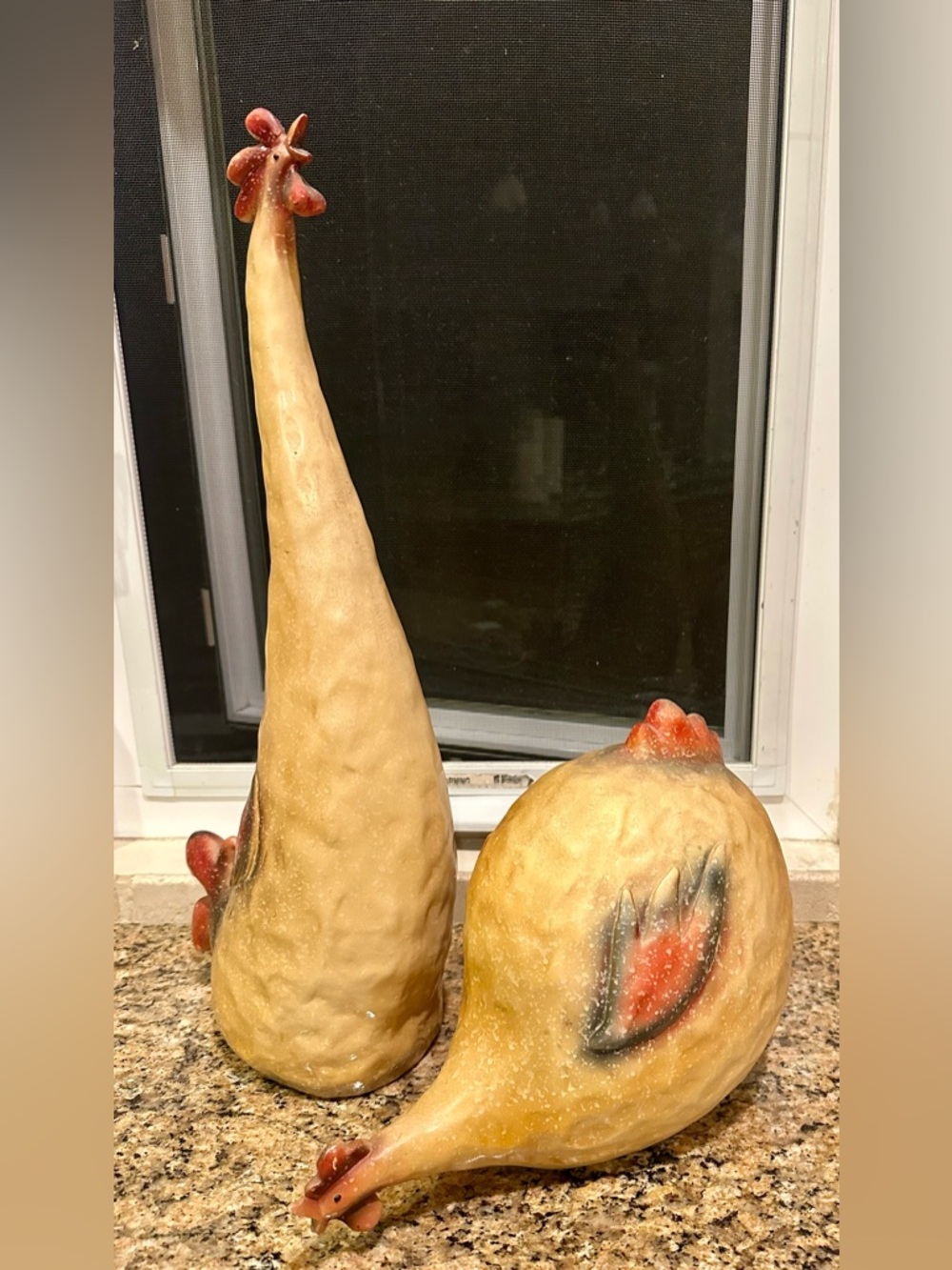 Home Decor- Resin Roosters - dark Tan/yellowish color with Red & Charcoal
